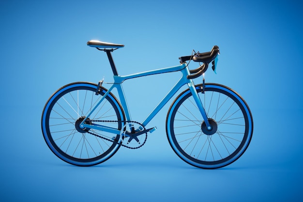 Bicicleta con marco azul sobre un fondo azul 3D Render