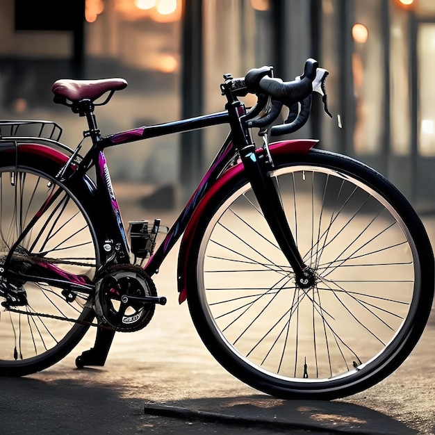 Una bicicleta con marco negro y adornos rosas está estacionada en la calle.