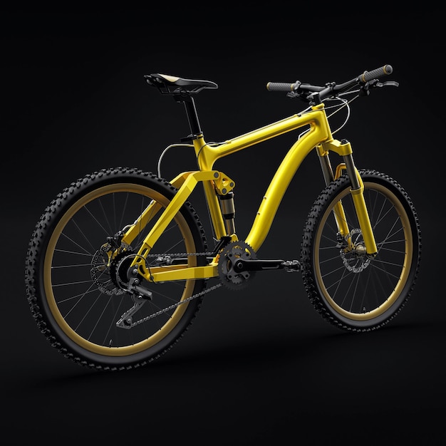 Bicicleta de montaña amarilla en una representación 3d de fondo negro aislado