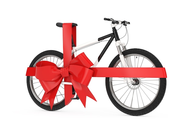 Bicicleta de montaña en blanco y negro con cinta roja como regalo sobre un fondo blanco. Representación 3D