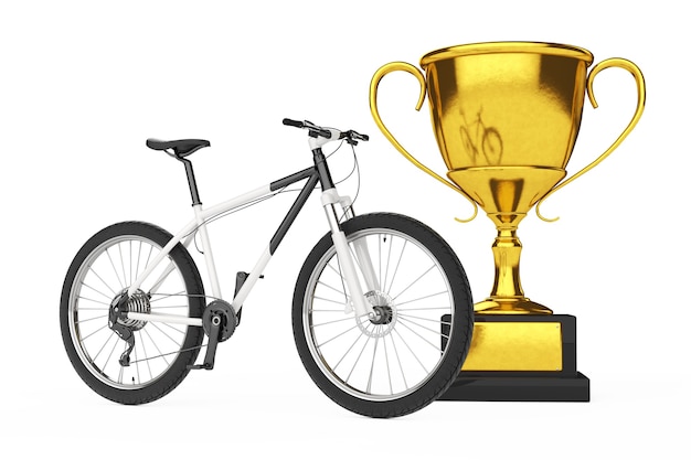 Foto bicicleta de montaña en blanco y negro con trofeo de oro sobre un fondo blanco. representación 3d
