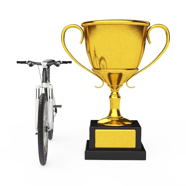Foto bicicleta de montaña en blanco y negro con trofeo de oro sobre un fondo blanco. representación 3d