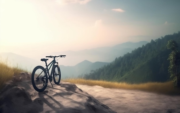 Bicicleta de montaña en una colina con una montaña al fondo