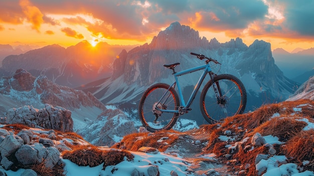 Una bicicleta de montaña está estacionada en la cima de una montaña cubierta de nieve que muestra el terreno accidentado y el extremo