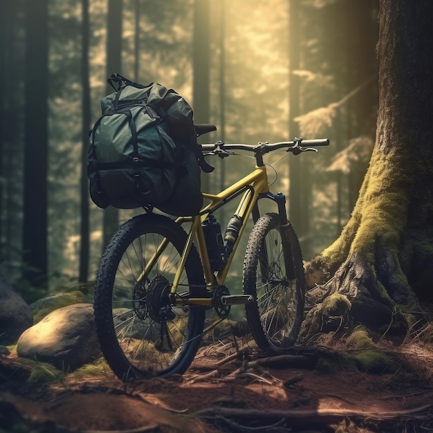 Bicicleta de montaña con mochila de pie cerca de un árbol en la jungla IA generativa
