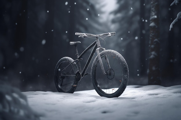 Una bicicleta de montaña negra en la nieve con la palabra invierno.