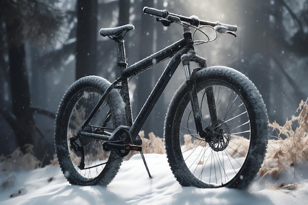 Una bicicleta de montaña negra en la nieve.