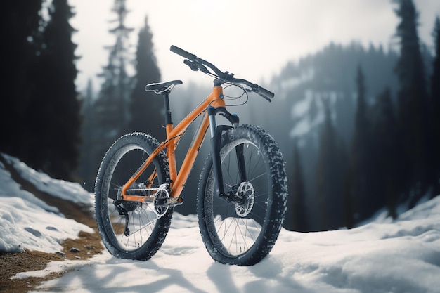 Una bicicleta de montaña en la nieve.