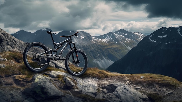 Foto una bicicleta de montaña con un paisaje de montaña en el fondo
