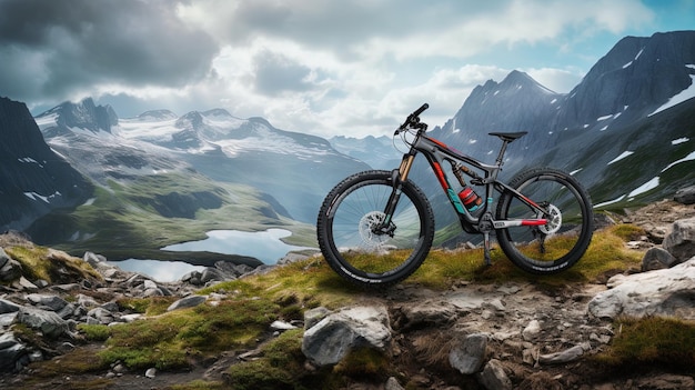 una bicicleta de montaña con un paisaje de montaña en el fondo