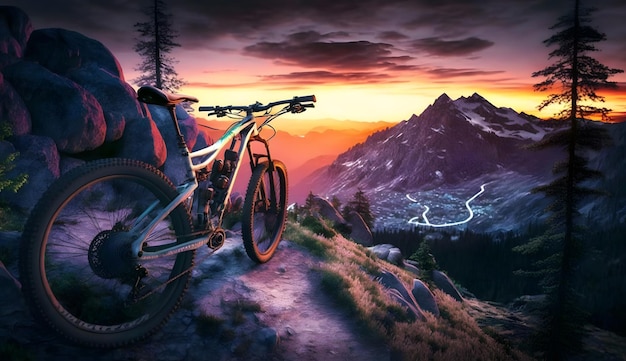 Bicicleta de montaña en sendero al atardecer bicicleta deportiva en paisaje de montaña IA generativa