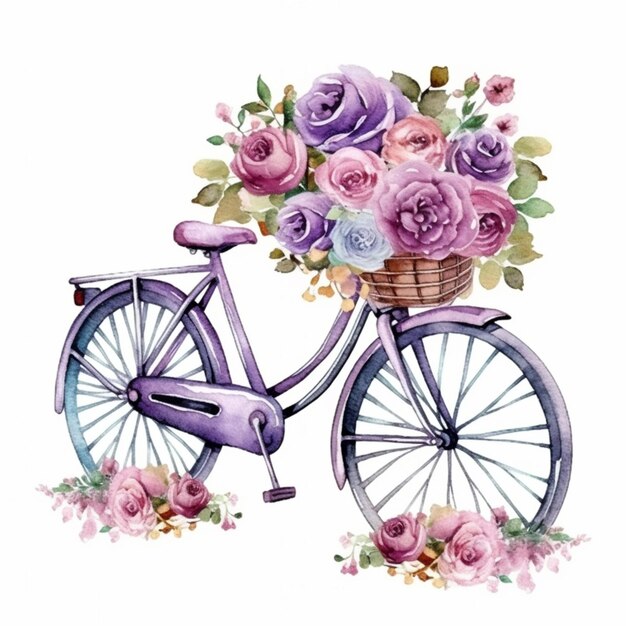 Bicicleta morada con flores en canasta en la rueda delantera generativa ai