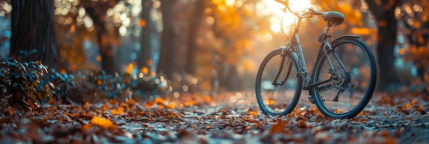 bicicleta na floresta com o sol atrás dela