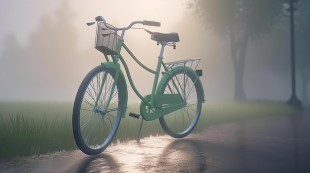 Bicicleta con niebla matutina antes del amanecer Una bicicleta solitaria se encuentra en un camino en la niebla Amanecer en la niebla