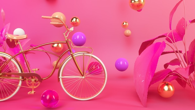 bicicleta no interior rosa ilustração 3d render