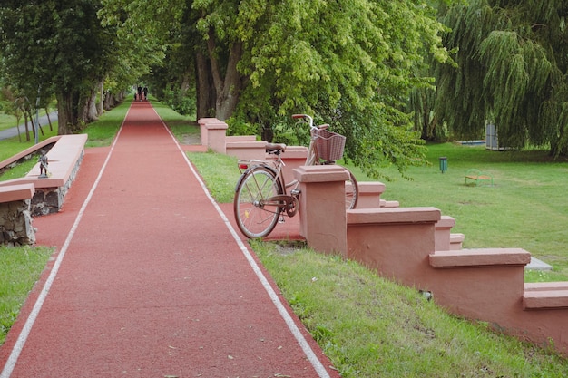 Bicicleta en el parque de otoño. Una pista de jogging roja en el parque. Paisaje colorido. Bicicleta en un parque.