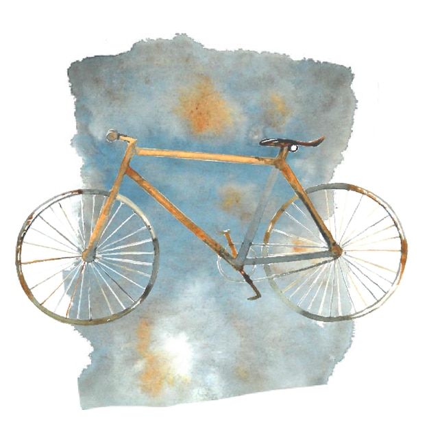 bicicleta pintada en acuarela sobre un fondo de manchas póster de acuarela de viajes en bicicleta