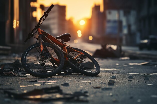 bicicleta quebrada no meio da estrada à noite