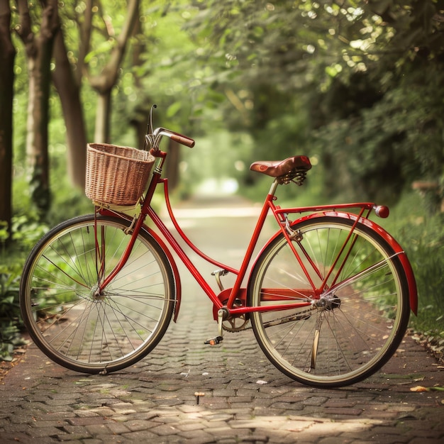 una bicicleta roja con una canasta en la parte delantera