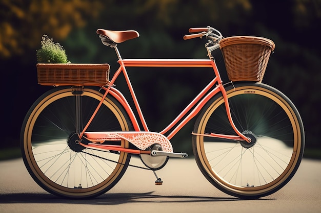 Una bicicleta roja con una cesta en la parte delantera.