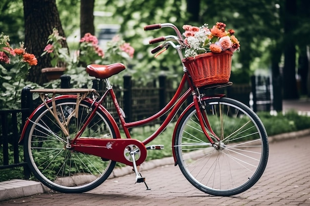 una bicicleta roja clásica con una canasta de flores generada por IA