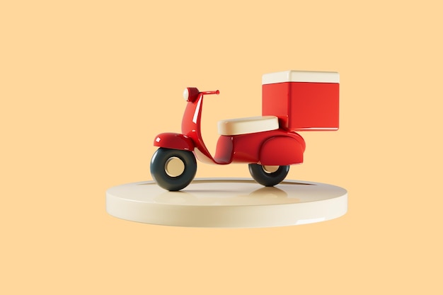 Bicicleta roja de entrega de pizza en render 3d de podio amarillo