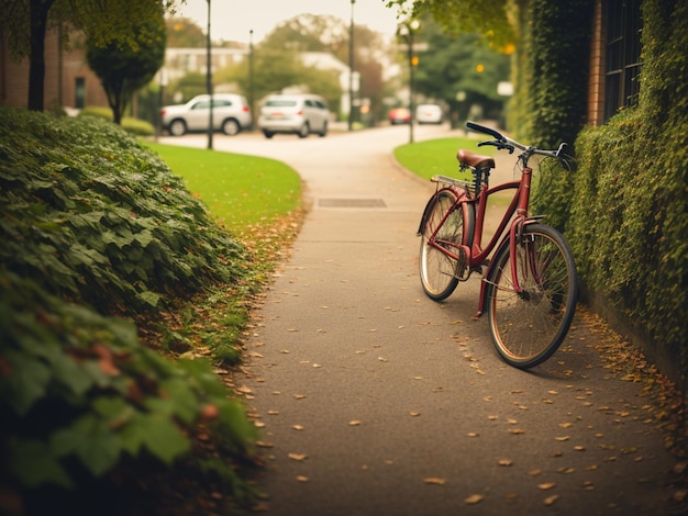 Una bicicleta roja está estacionada en una acera junto a un seto verde.