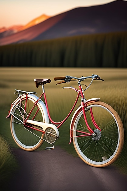 Una bicicleta roja está estacionada en un camino en un campo.