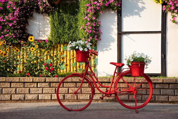 Bicicleta roja con flores en un jardín.