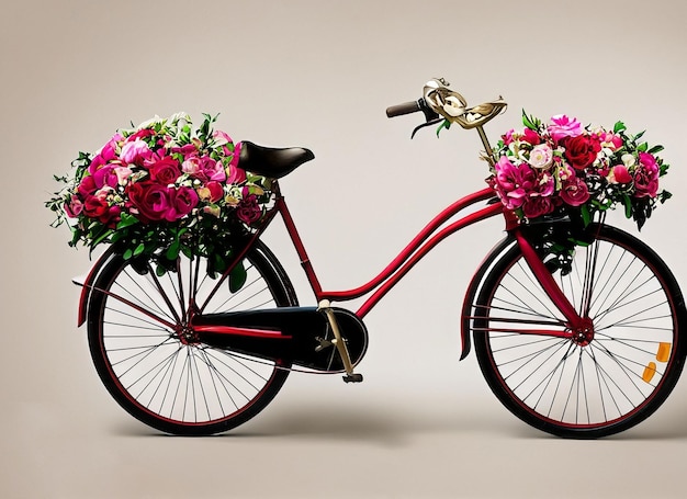 Foto una bicicleta roja con flores en la parte delantera.