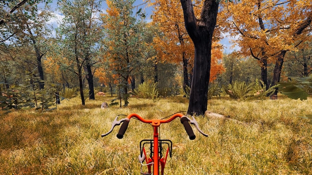 Bicicleta roja de representación 3D en el entorno digital sobre el desarrollo sostenible