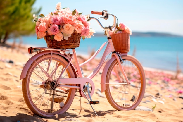 Bicicleta rosa abandonada de pie en una playa de arena junto al mar