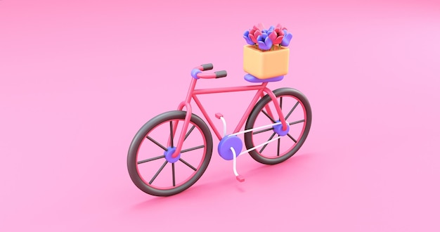 una bicicleta rosa con una canasta de flores en 3D