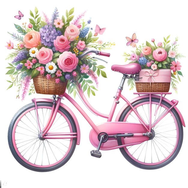 Foto bicicleta rosa con decoración de flores de primavera pintura de acuarela