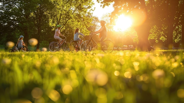 Bicicleta sobre hierba verde en el parque Gente relajante Familia feliz disfrutar del tiempo juntos fuera de la unión amor concepto de felicidad