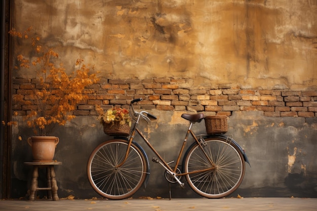 Bicicleta velha encostada em uma parede de tijolos antiga