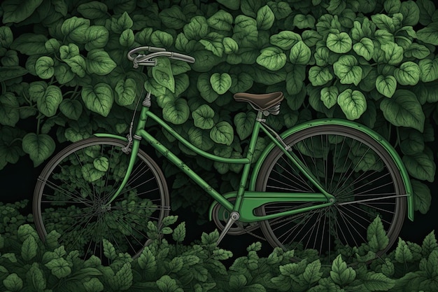 Bicicleta verde envolta por folhas exuberantes Generative AI complexamente detalhada