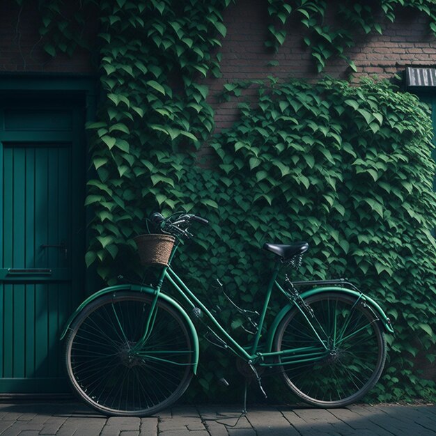 Una bicicleta verde con hojas