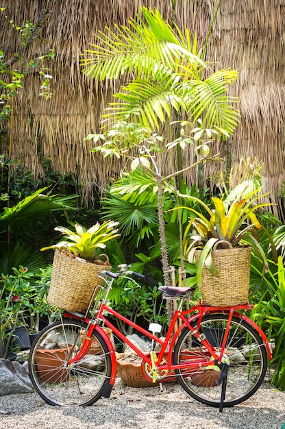 Foto bicicleta vermelha decorada com plantas no jardim