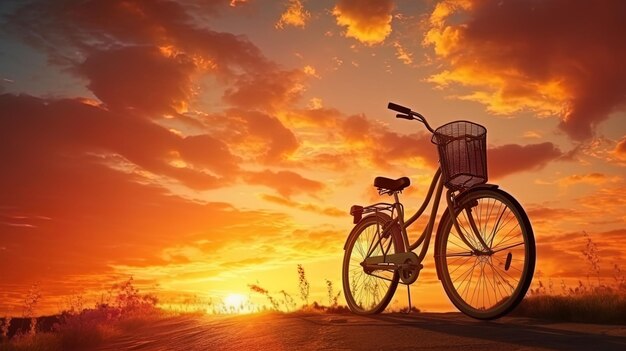 Foto una bicicleta vieja contra un fondo de puesta de sol de color