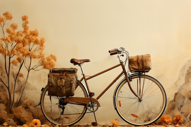Bicicleta vintage con bolsas de cuero apoyadas contra un árbol con hojas amarillas en el fondo