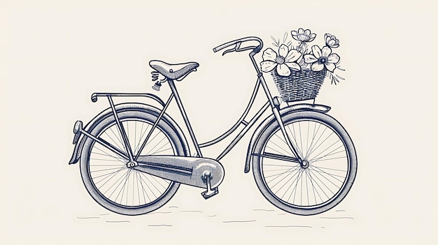 Una bicicleta vintage con una canasta llena de flores La bicicleta es negra y blanca con un diseño simple