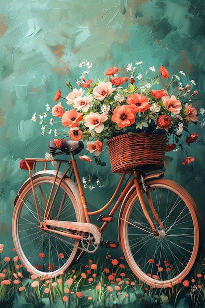 Bicicleta vintage com uma cesta cheia de flores em fundo verde
