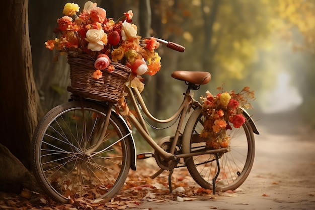 Bicicleta vintage com uma cesta de flores de outono