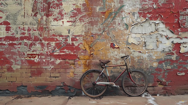 Una bicicleta vintage solitaria está apoyada contra una pared de ladrillo de colores con pintura descascarada