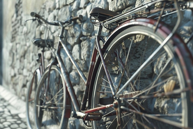 Bicicletas antiguas apoyadas en una pared de piedra