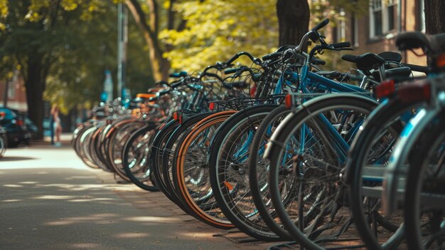 Bicicletas de colores alineadas en un soporte para bicicletas