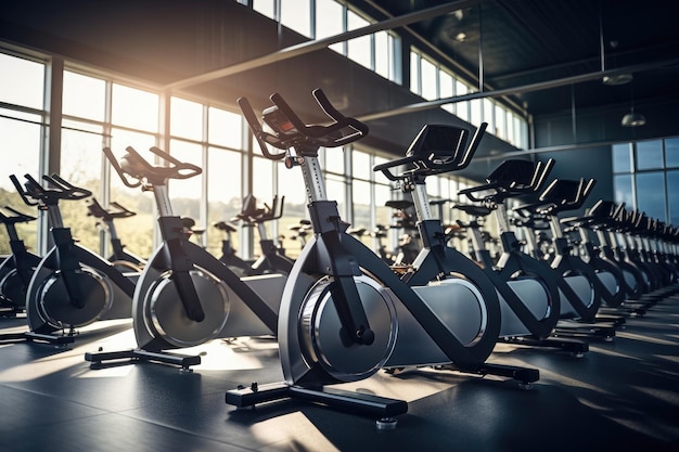 Bicicletas de exercícios em um centro de fitness moderno Files de imagens tonadas de linhas de bicicletas estacionárias e equipamentos de exercícios de saúde para musculação na sala de fitness moderno do ginásio AI Gerado
