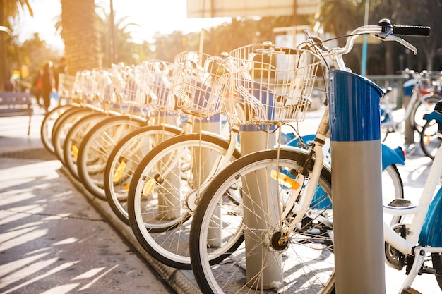 Bicicletas estão em um estacionamento para alugar na cidade