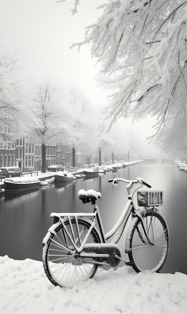 Bicicletas en la nieve junto al canal Amsterdam Países Bajos